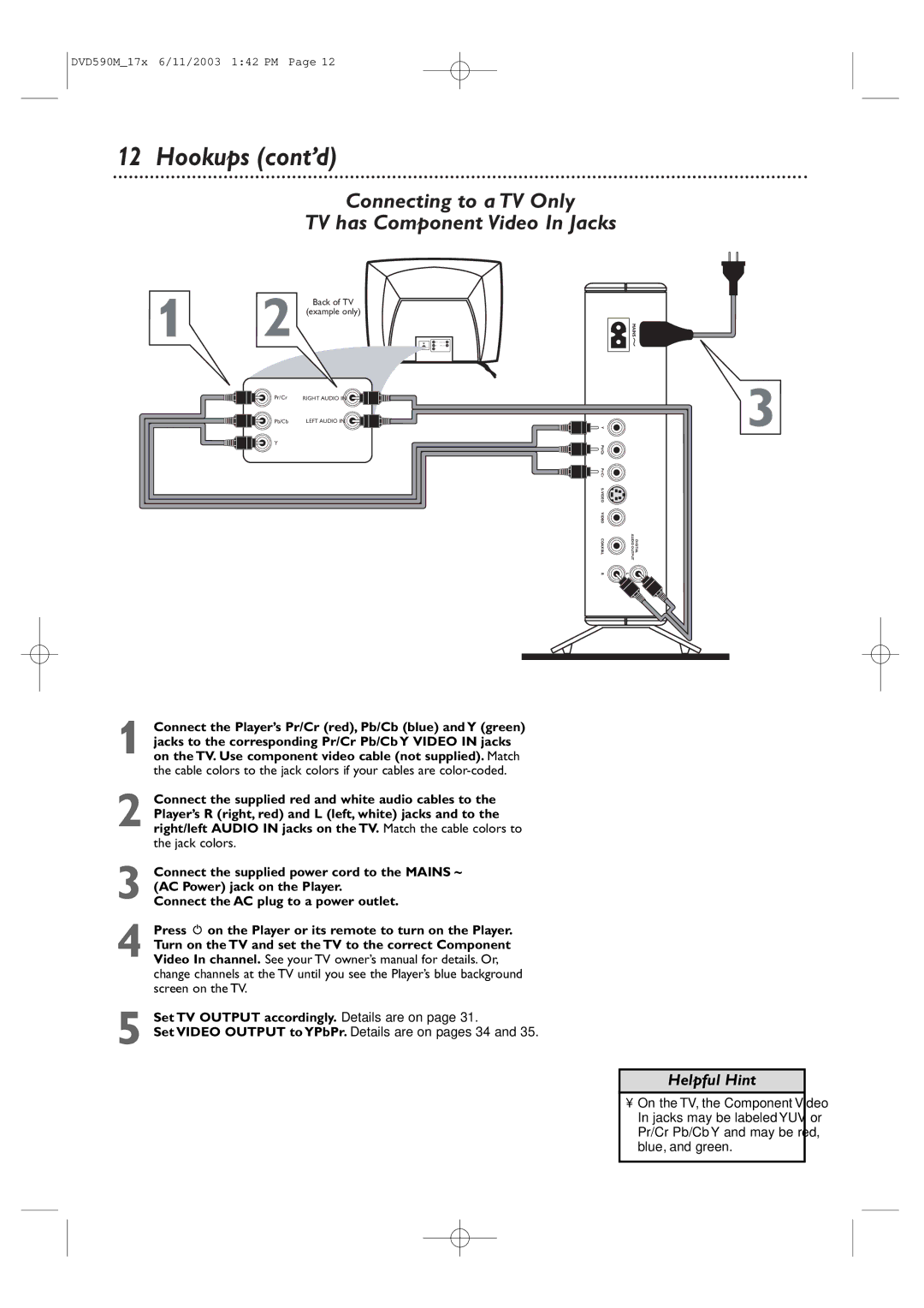 Philips DVD590M owner manual Connecting to a TV Only TV has Component Video In Jacks 