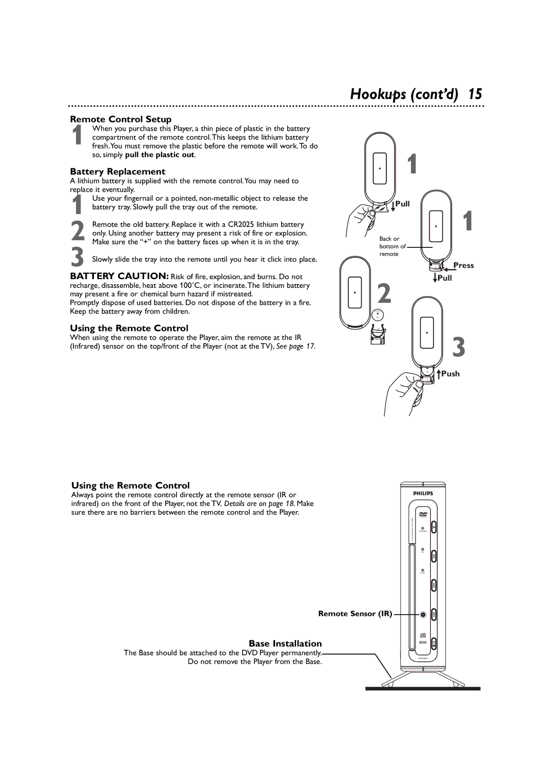 Philips DVD590M Remote Control Setup, Battery Replacement, Using the Remote Control, Base Installation, Remote Sensor IR 