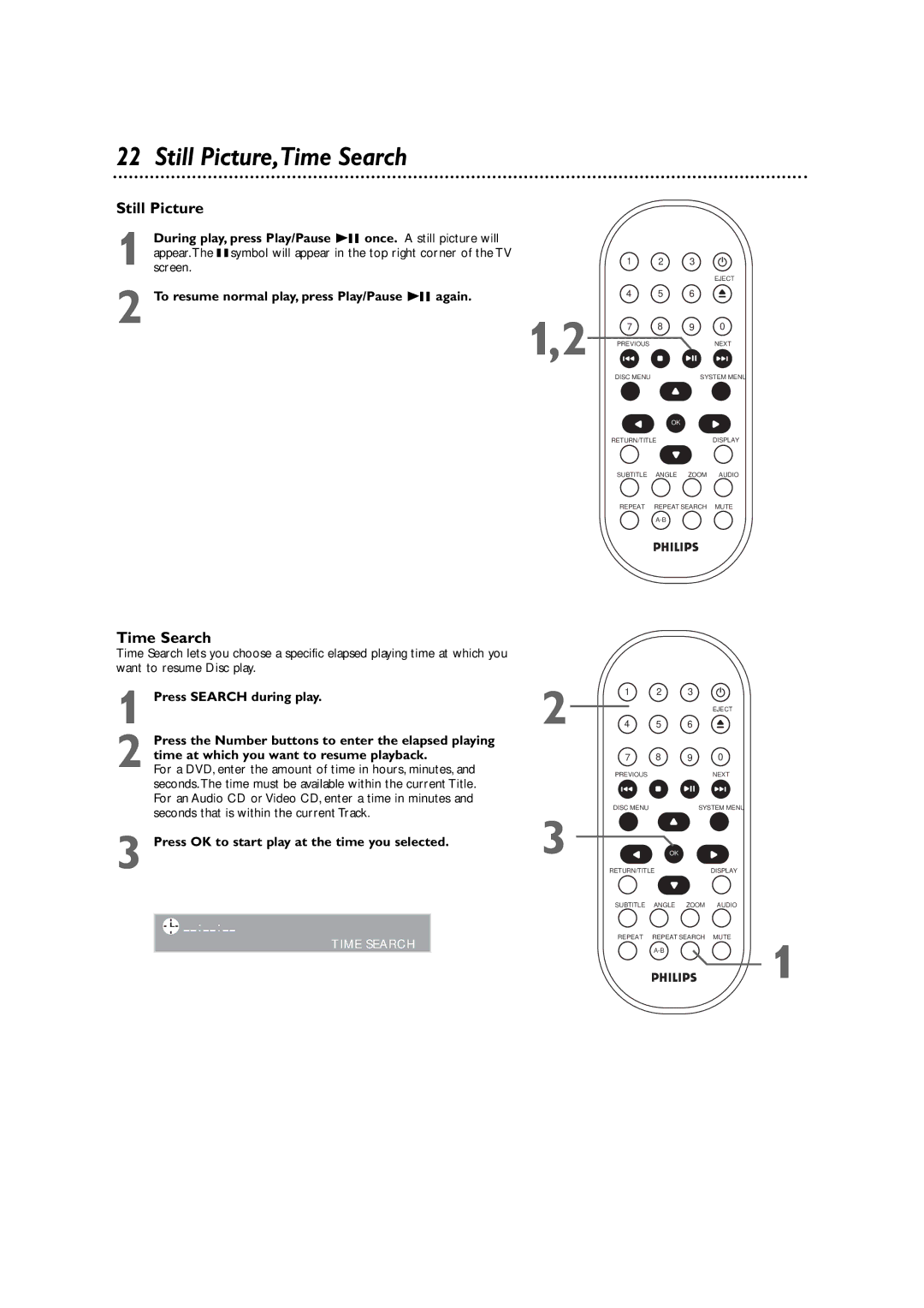 Philips DVD590M owner manual Still Picture,Time Search, Press OK to start play at the time you selected 