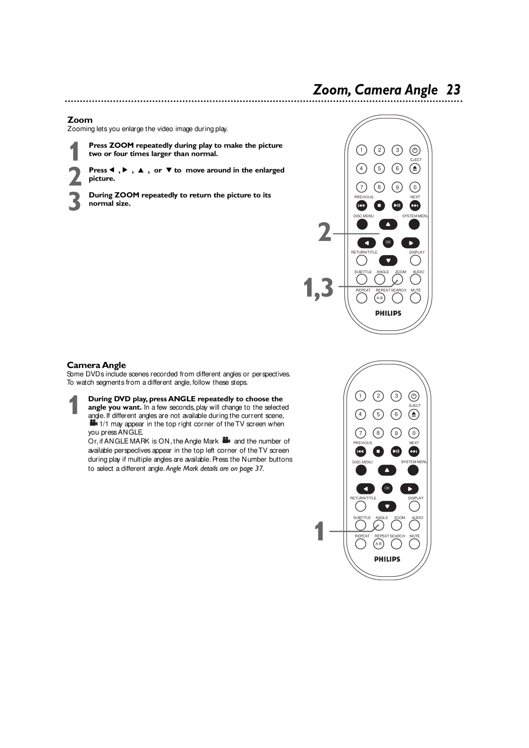 Philips DVD590M owner manual Zoom, Camera Angle 