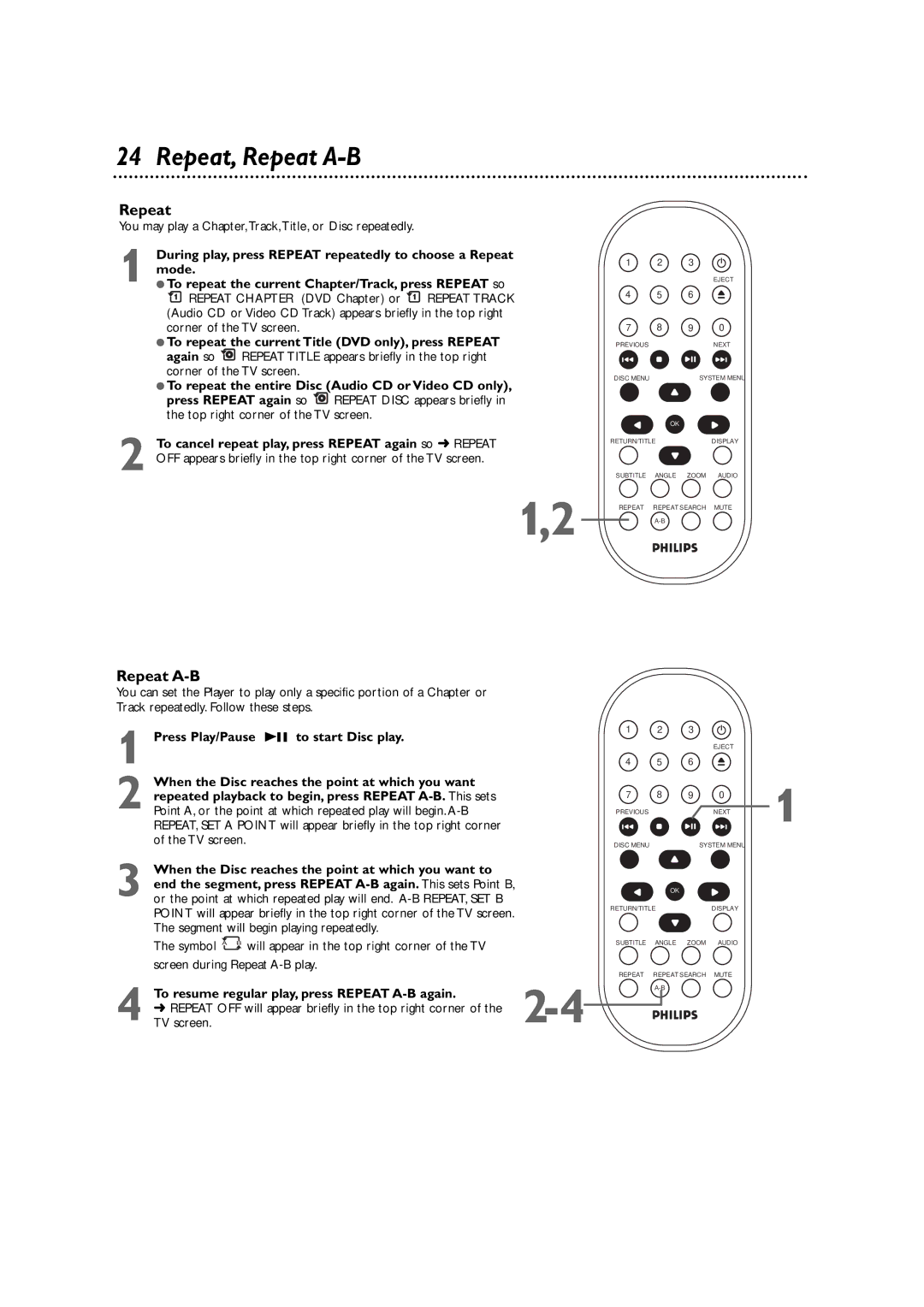 Philips DVD590M owner manual Repeat, Repeat A-B 