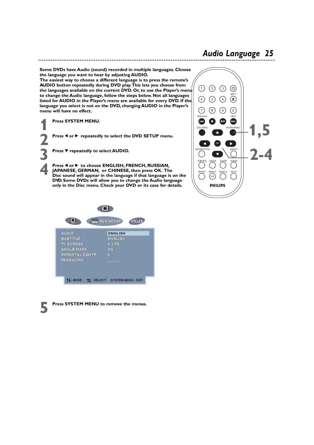 Philips DVD590M owner manual Audio Language, Press System Menu to remove the menus 