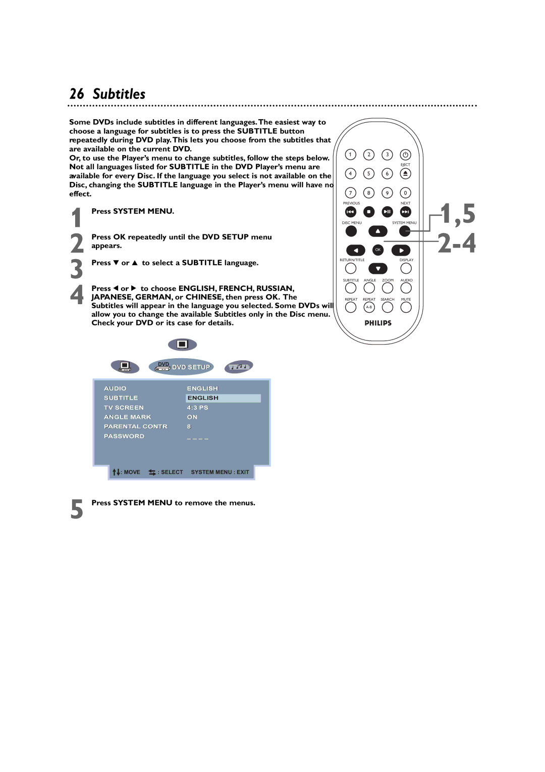 Philips DVD590M owner manual Subtitles 