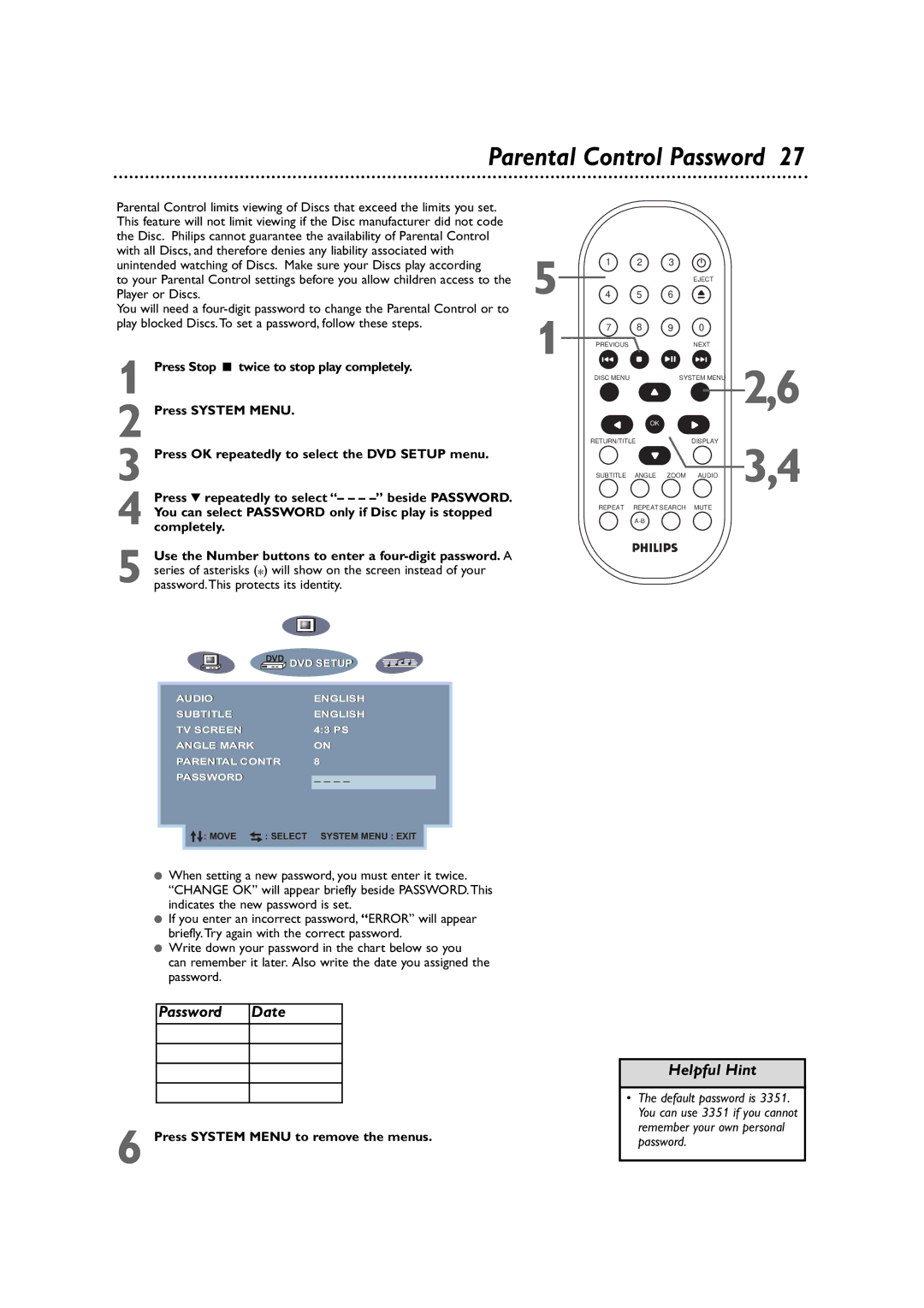 Philips DVD590M owner manual Parental Control Password 