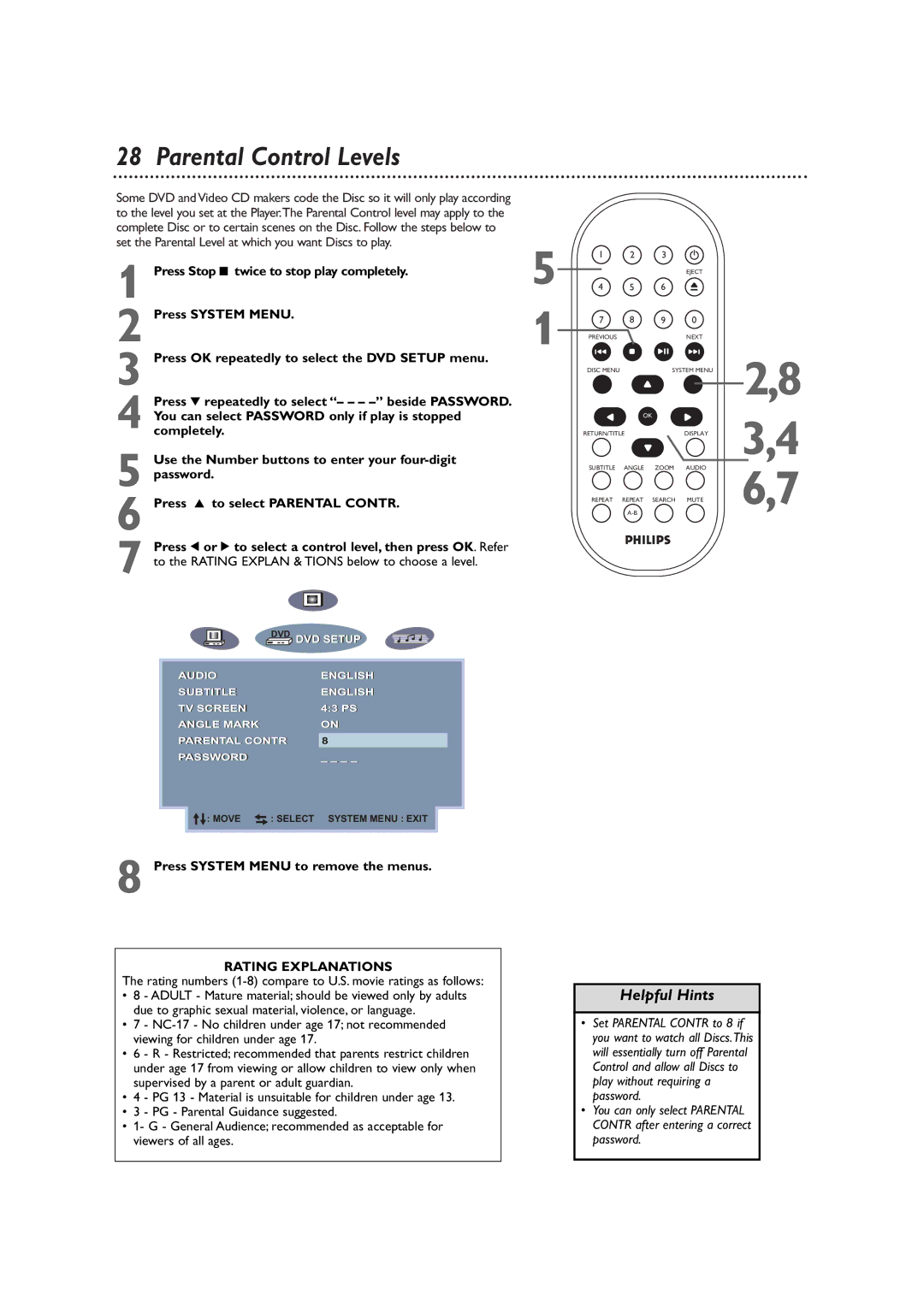 Philips DVD590M owner manual Parental Control Levels, Rating Explanations 