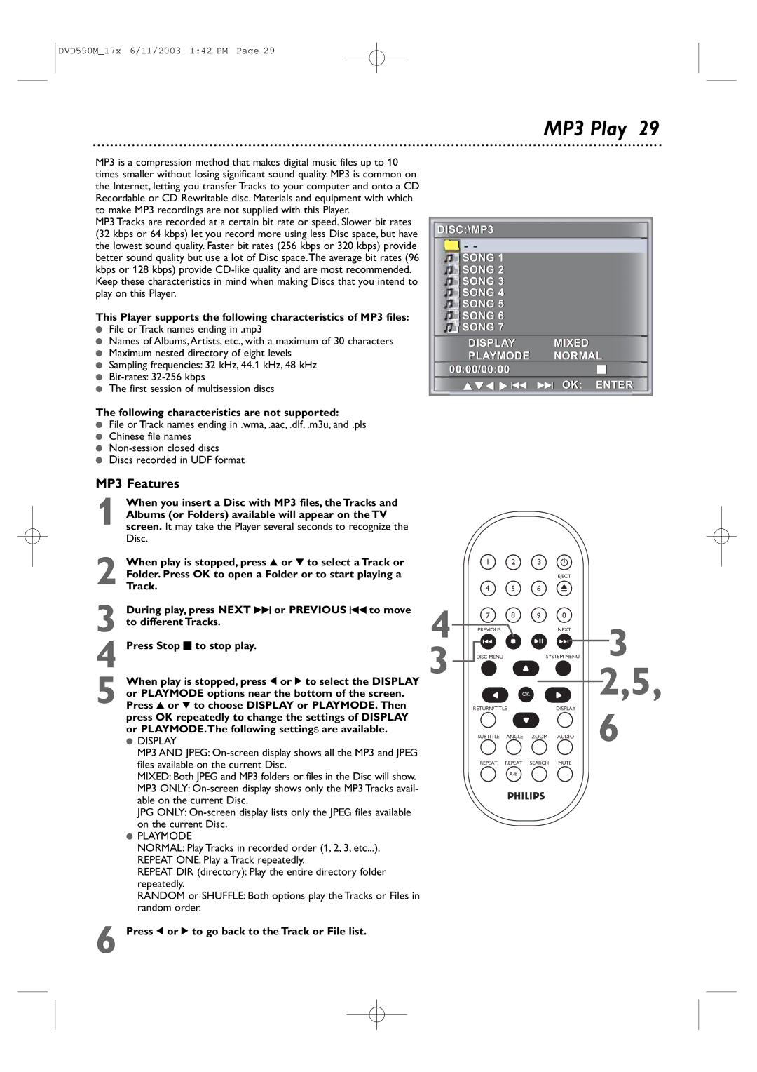 Philips DVD590M owner manual MP3 Play, MP3 Features, Following characteristics are not supported 