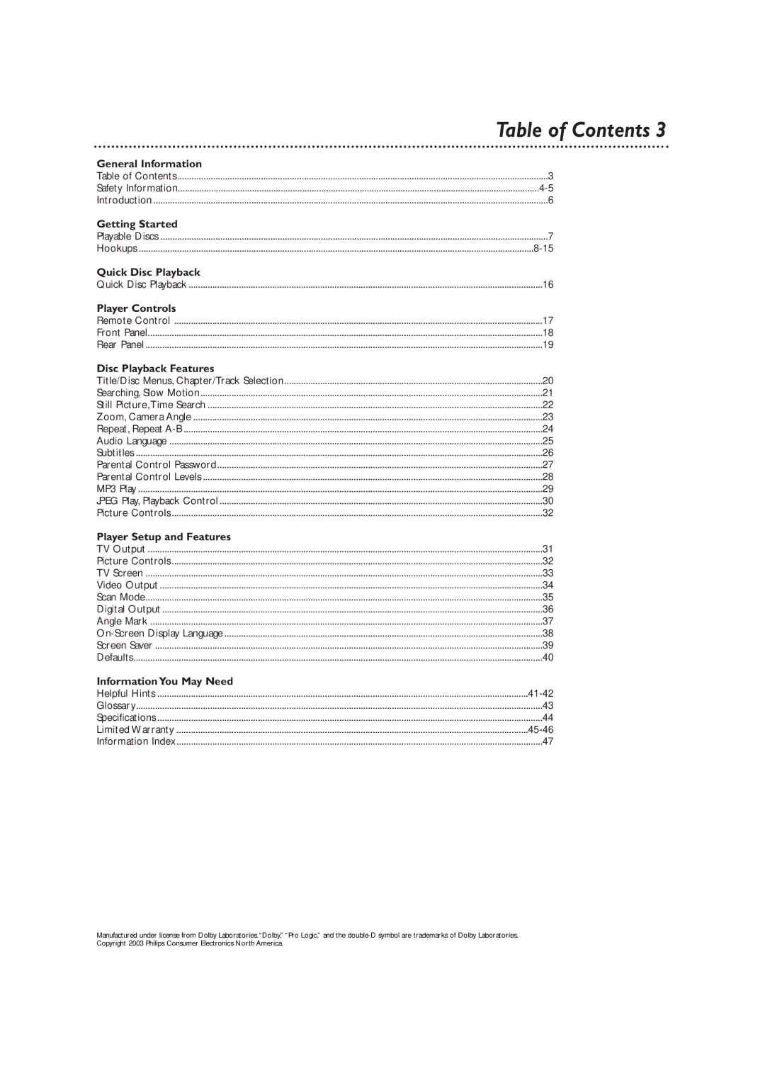 Philips DVD590M owner manual Table of Contents 