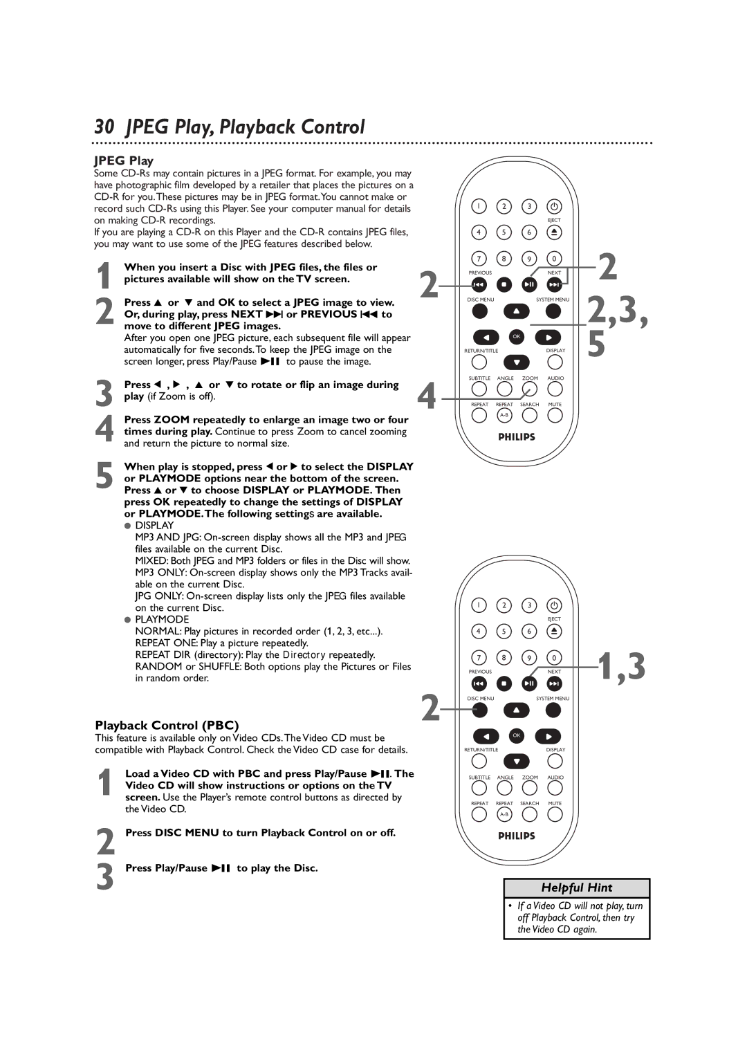 Philips DVD590M owner manual Jpeg Play, Playback Control, Playback Control PBC 