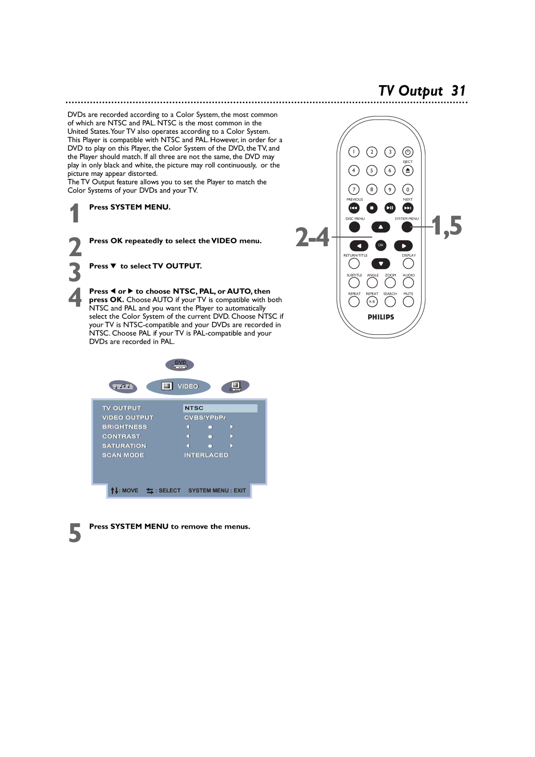 Philips DVD590M owner manual Press OK repeatedly to select the Video menu, Press 4 to select TV Output 