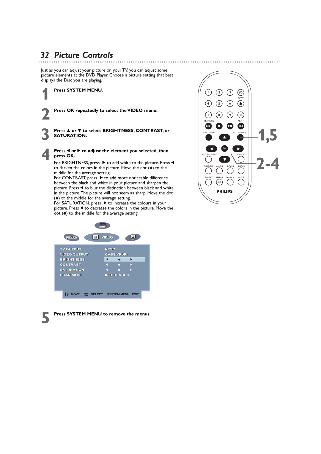 Philips DVD590M owner manual Picture Controls, Saturation 