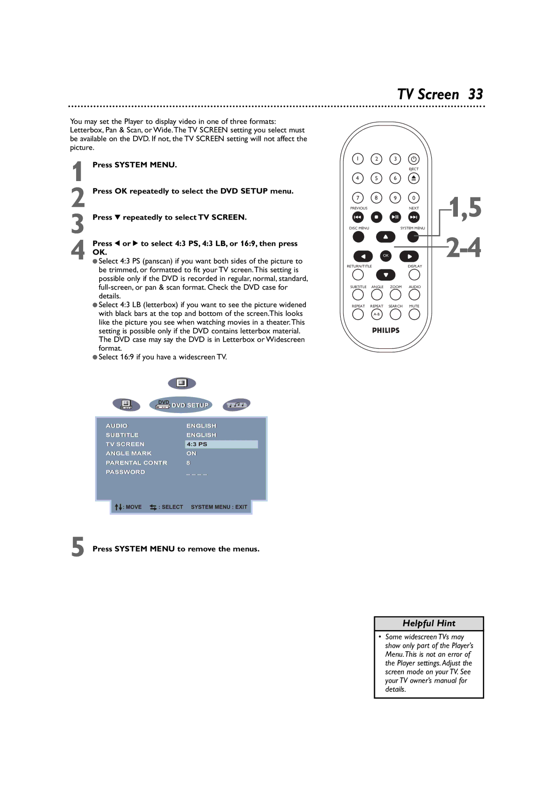 Philips DVD590M owner manual TV Screen 