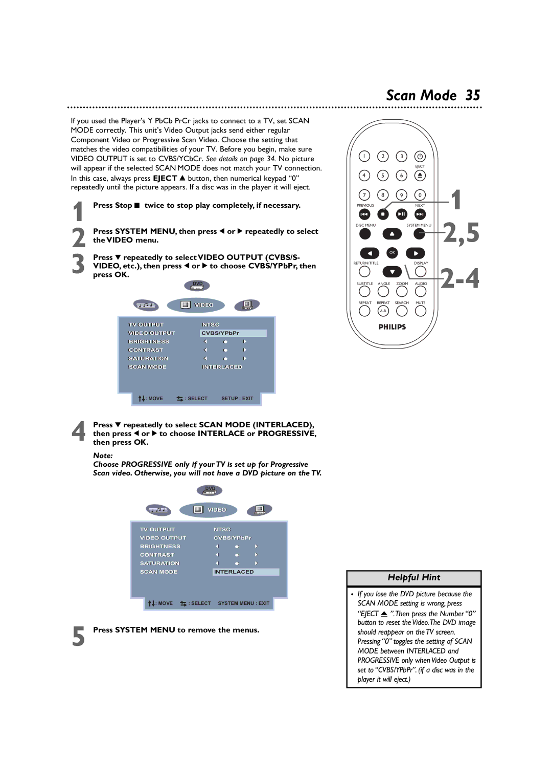 Philips DVD590M owner manual Scan Mode, Press OK 