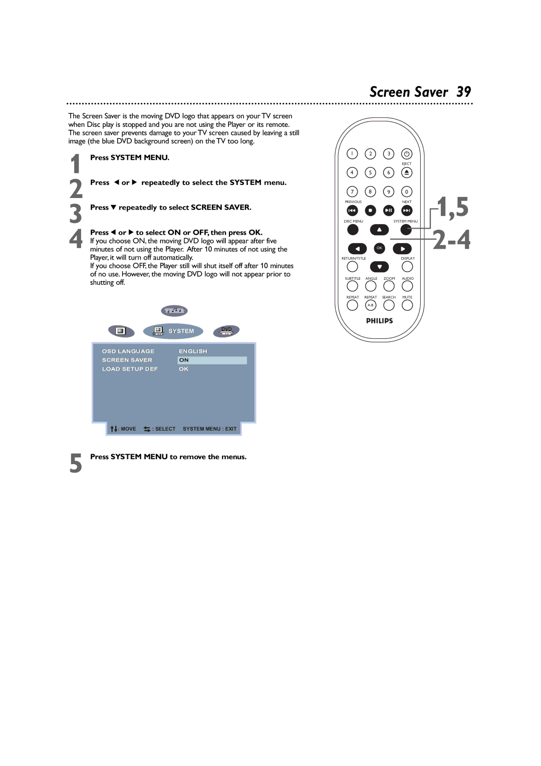 Philips DVD590M owner manual Screen Saver 