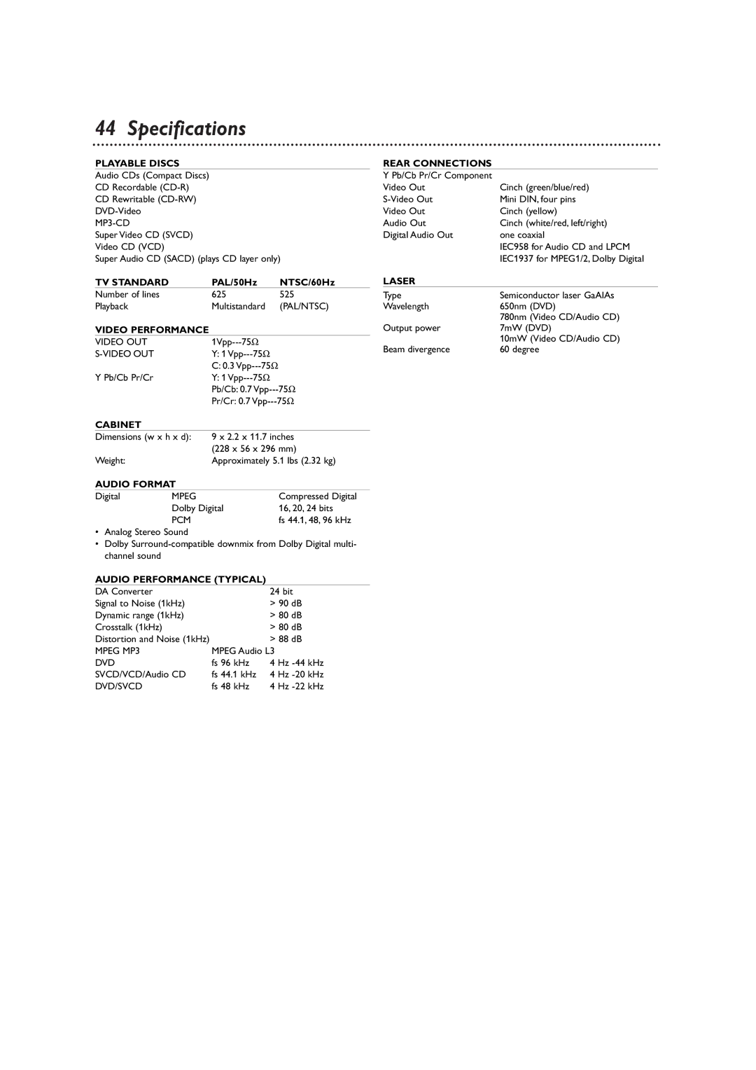 Philips DVD590M owner manual Specifications, Playable Discs 