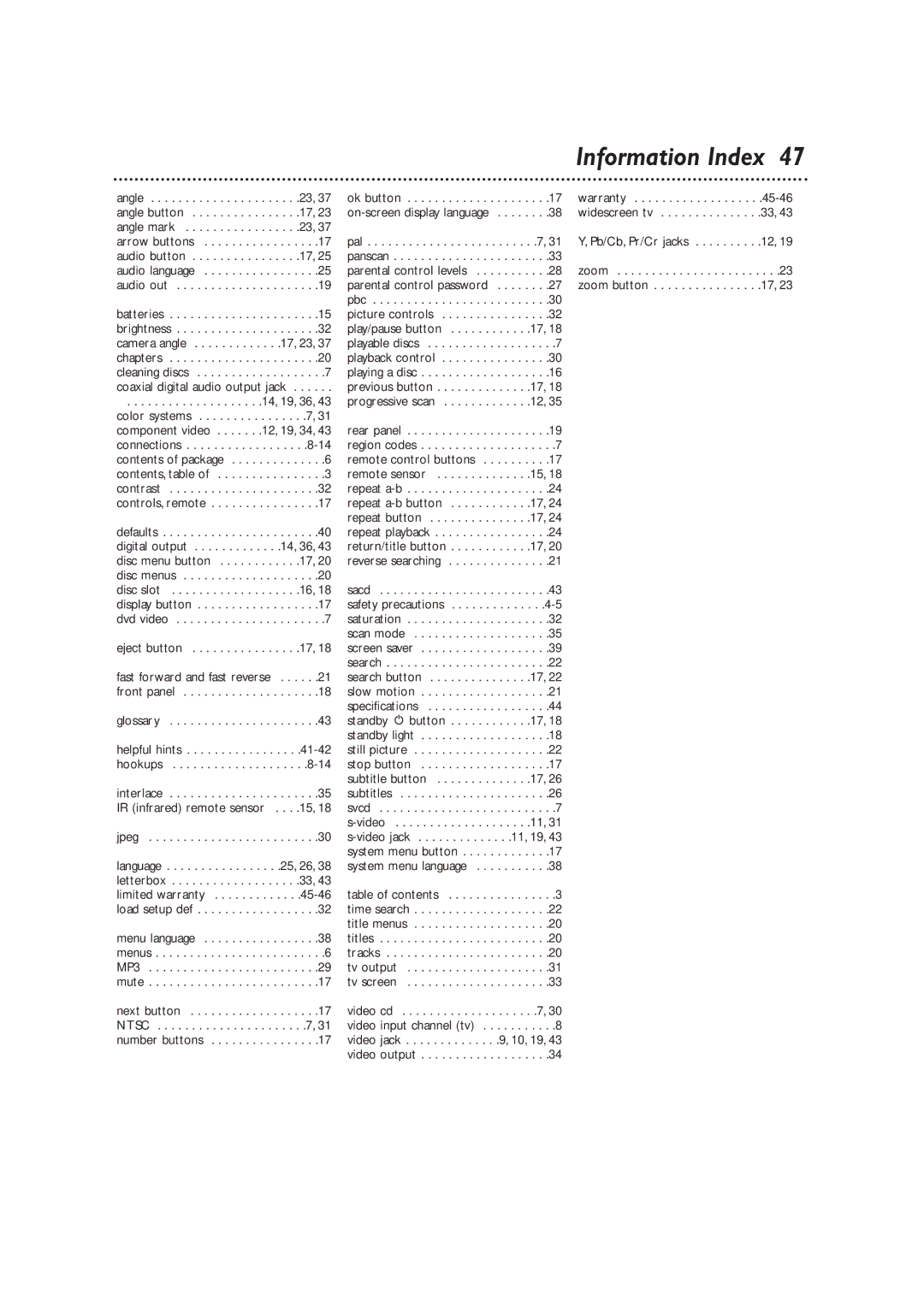 Philips DVD590M owner manual Information Index, Hookups Interlace IR infrared remote sensor Jpeg 