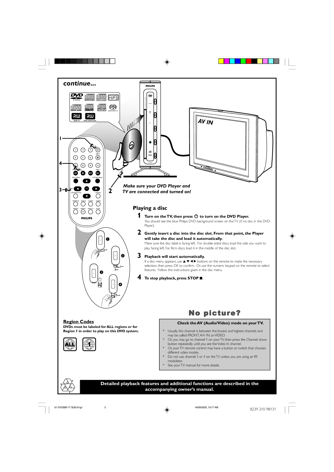 Philips DVD590M/17 manual Continue, No picture?, Playing a disc 