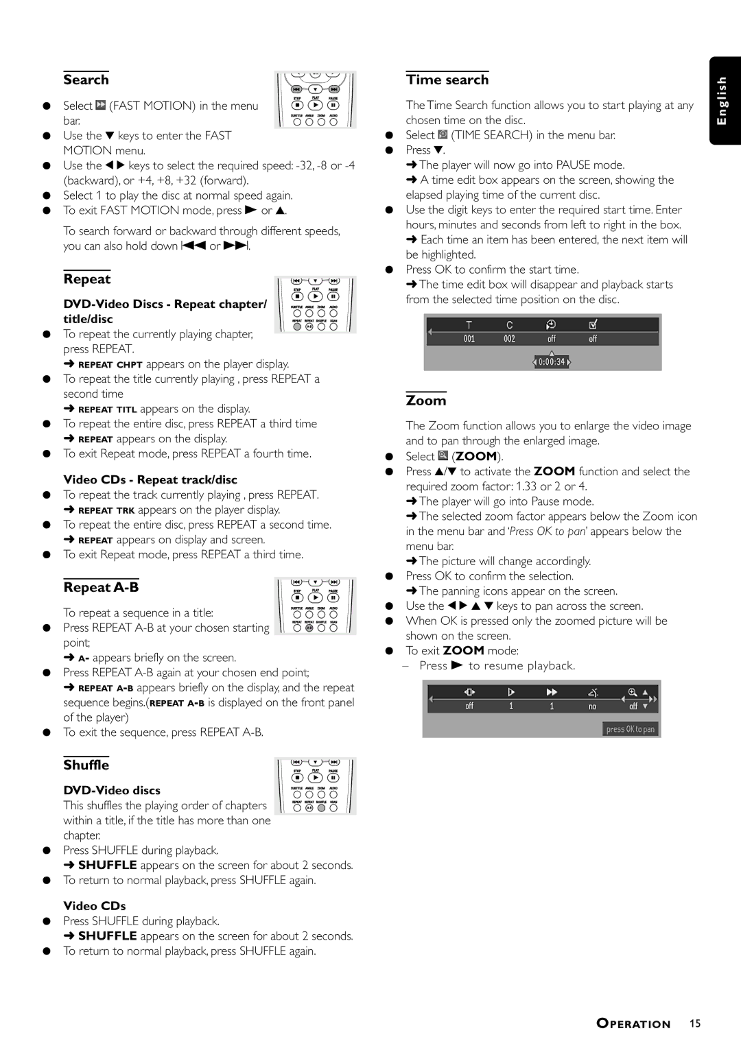 Philips DVD-612, DVD612S/25 manual Search, Repeat A-B, Shuffle, Zoom 