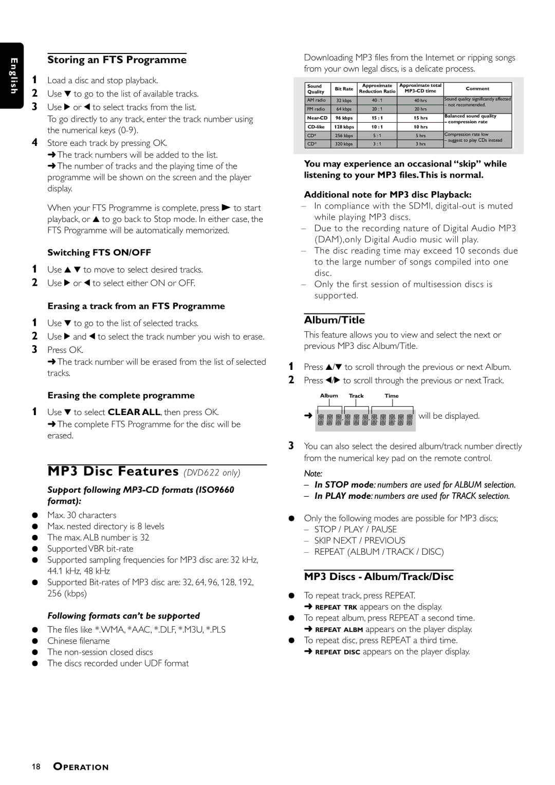 Philips DVD612S/25 manual MP3 Disc Features DVD622 only, Storing an FTS Programme, Album/Title, MP3 Discs Album/Track/Disc 