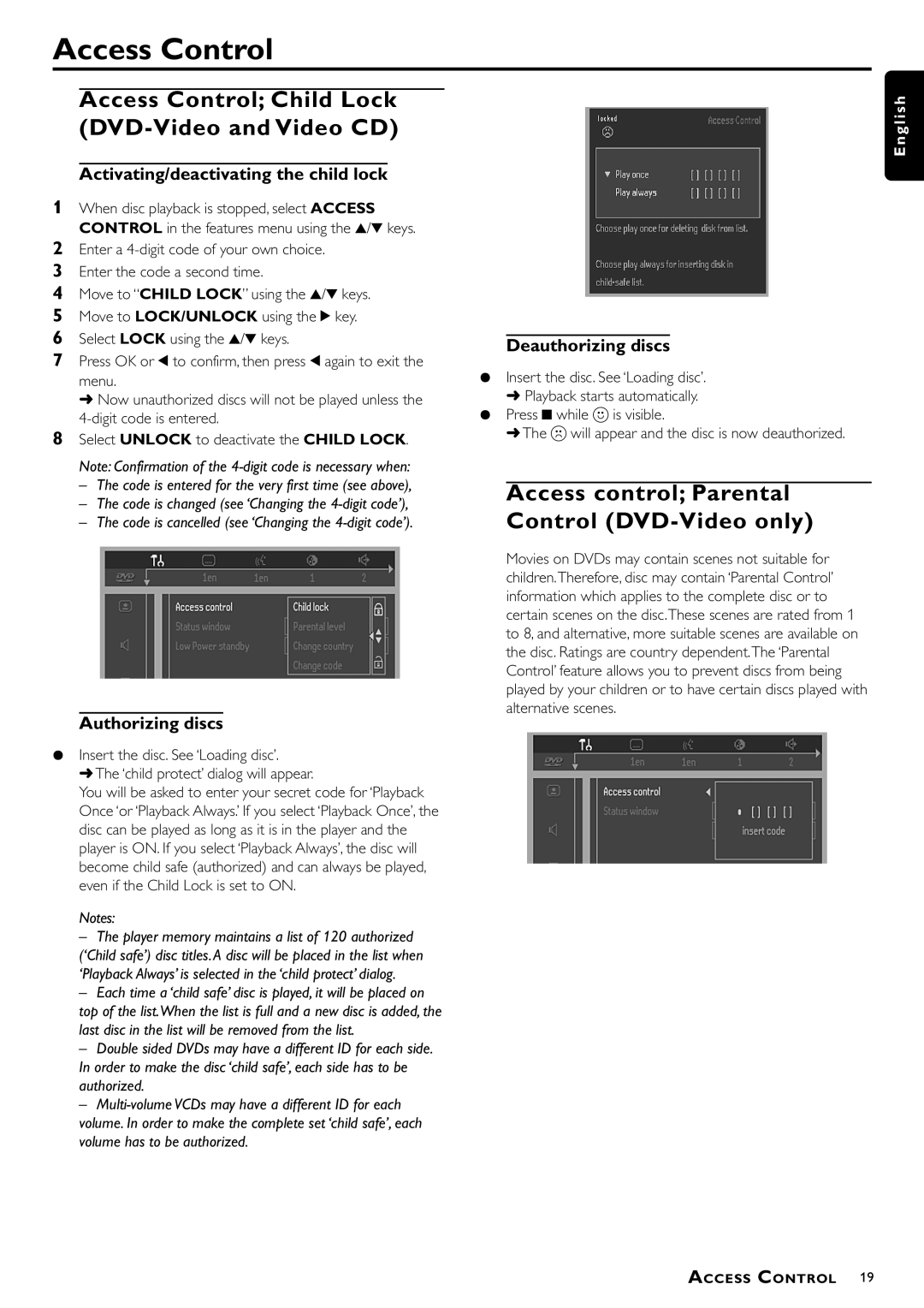 Philips DVD-612 manual Access Control Child Lock DVD-Video and Video CD, Access control Parental Control DVD-Video only 