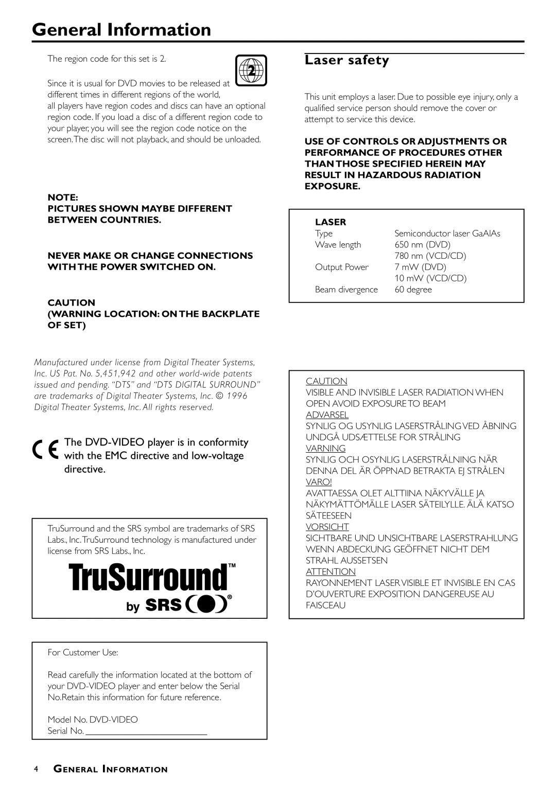 Philips DVD612S/25, DVD-612 General Information, Laser safety, Region code for this set is, Model No. DVD-VIDEO Serial No 