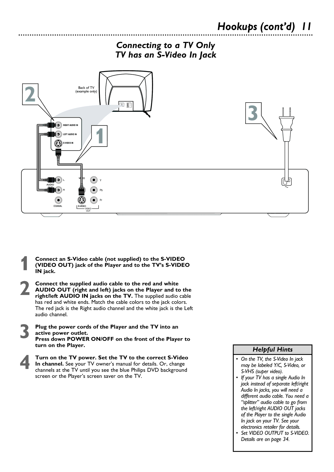 Philips DVD615AT98 owner manual Connecting to a TV Only TV has an S-Video In Jack 