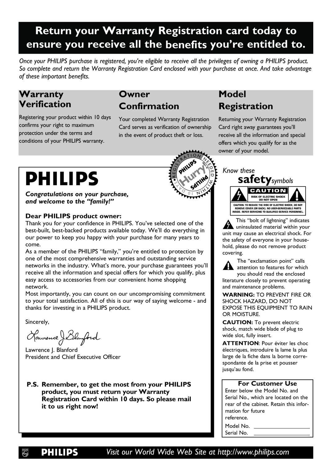 Philips DVD615AT98 owner manual Dear Philips product owner, It to us right now, For Customer Use 