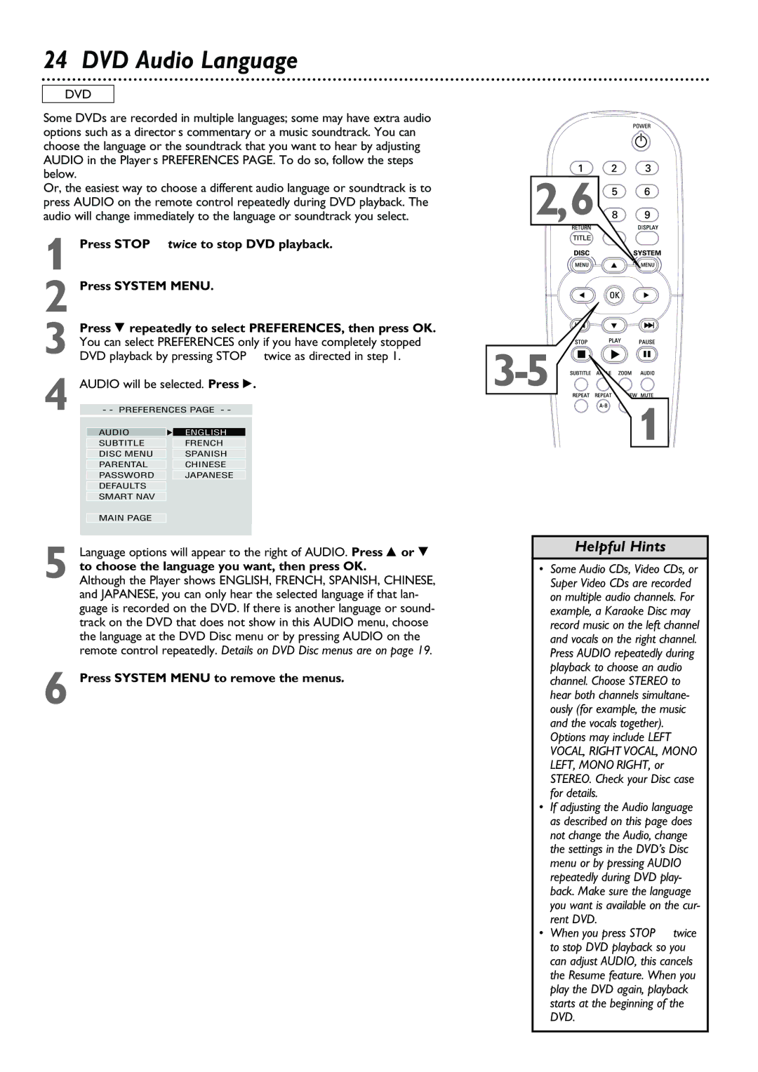 Philips DVD615AT98 owner manual DVD Audio Language, Press Stop C twice to stop DVD playback Press System Menu 