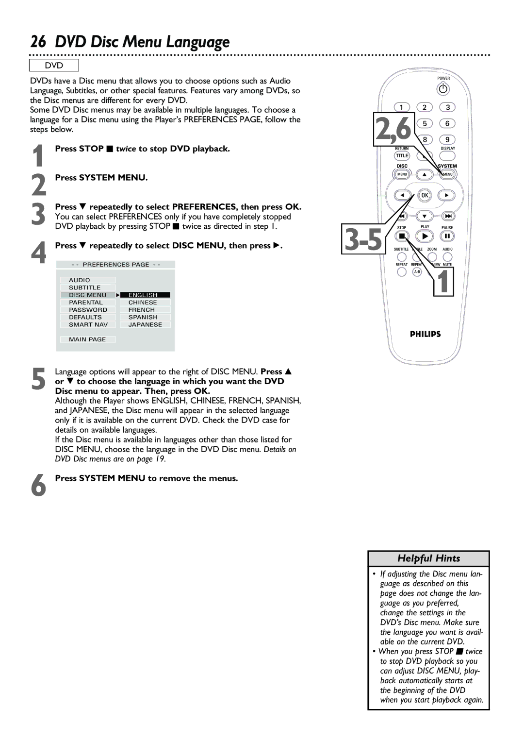 Philips DVD615AT98 owner manual DVD Disc Menu Language, Disc menu to appear. Then, press OK 