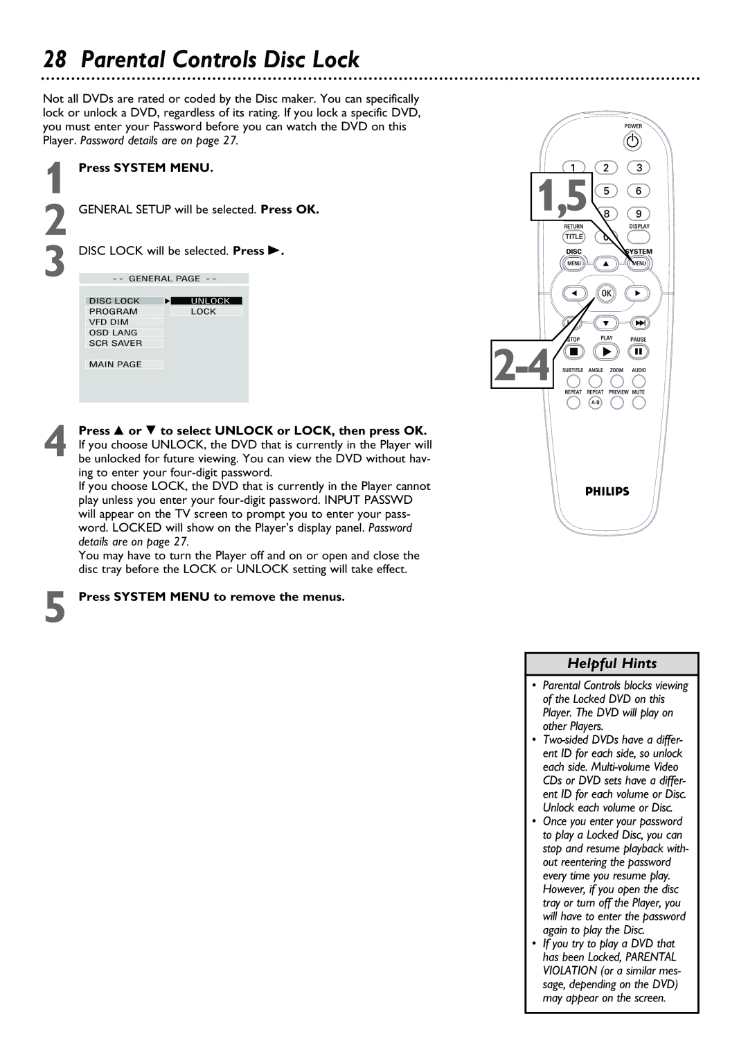 Philips DVD615AT98 owner manual Parental Controls Disc Lock 