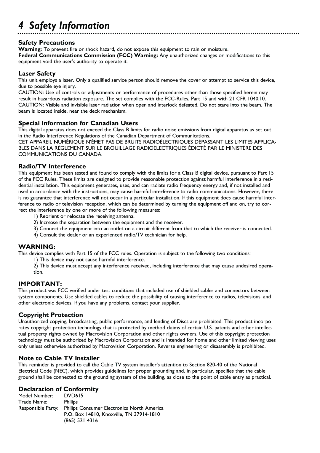 Philips DVD615AT98 owner manual Safety Information 