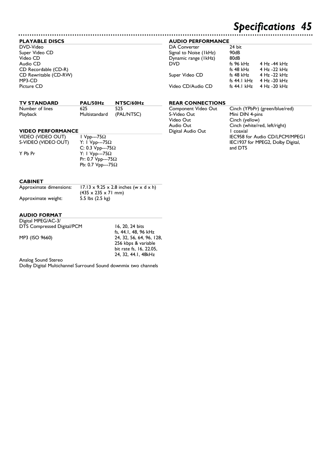 Philips DVD615AT98 owner manual Specifications, Cabinet 