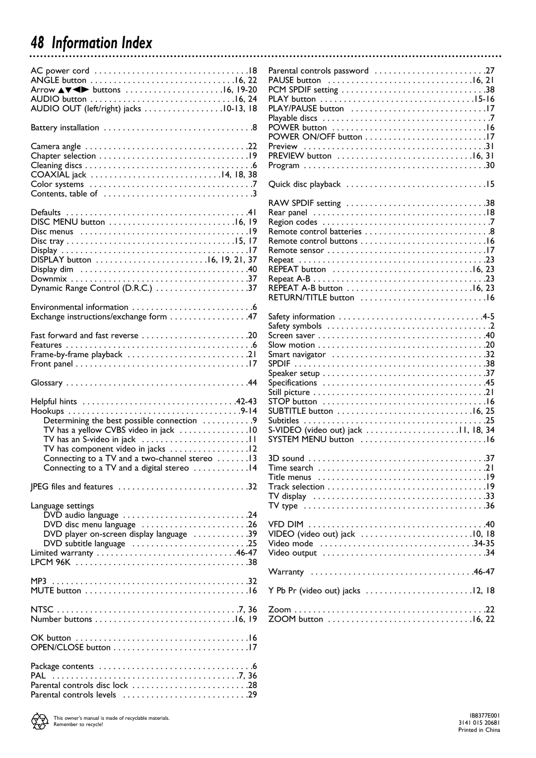 Philips DVD615AT98 Information Index, Determining the best possible connection, Language settings, 34-35, 46-47 