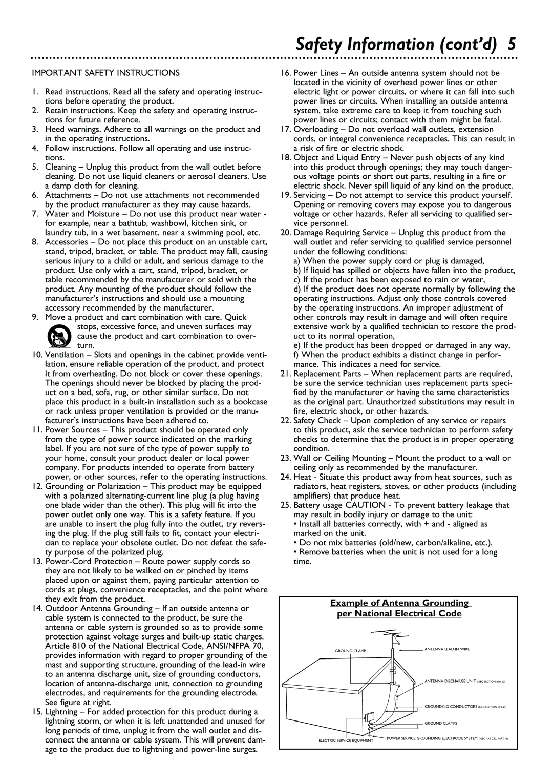 Philips DVD615AT98 owner manual Safety Information cont’d, Cause the product and cart combination to over- turn 