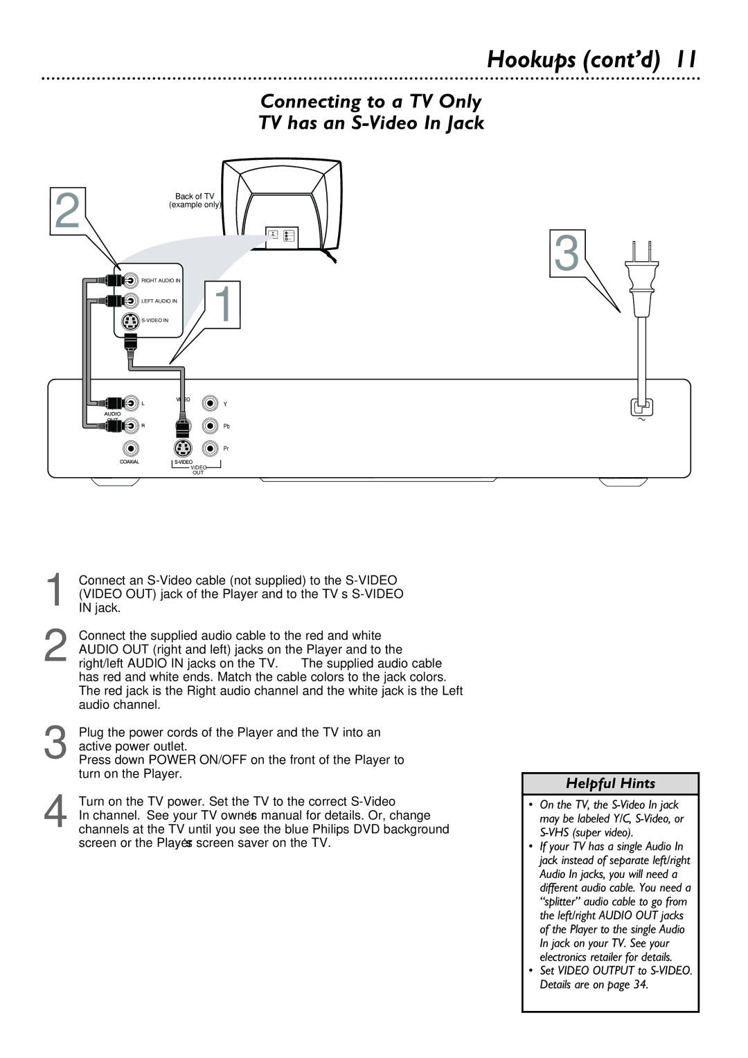 Philips DVD615AT99 owner manual Connecting to a TV Only TV has an S-Video In Jack 