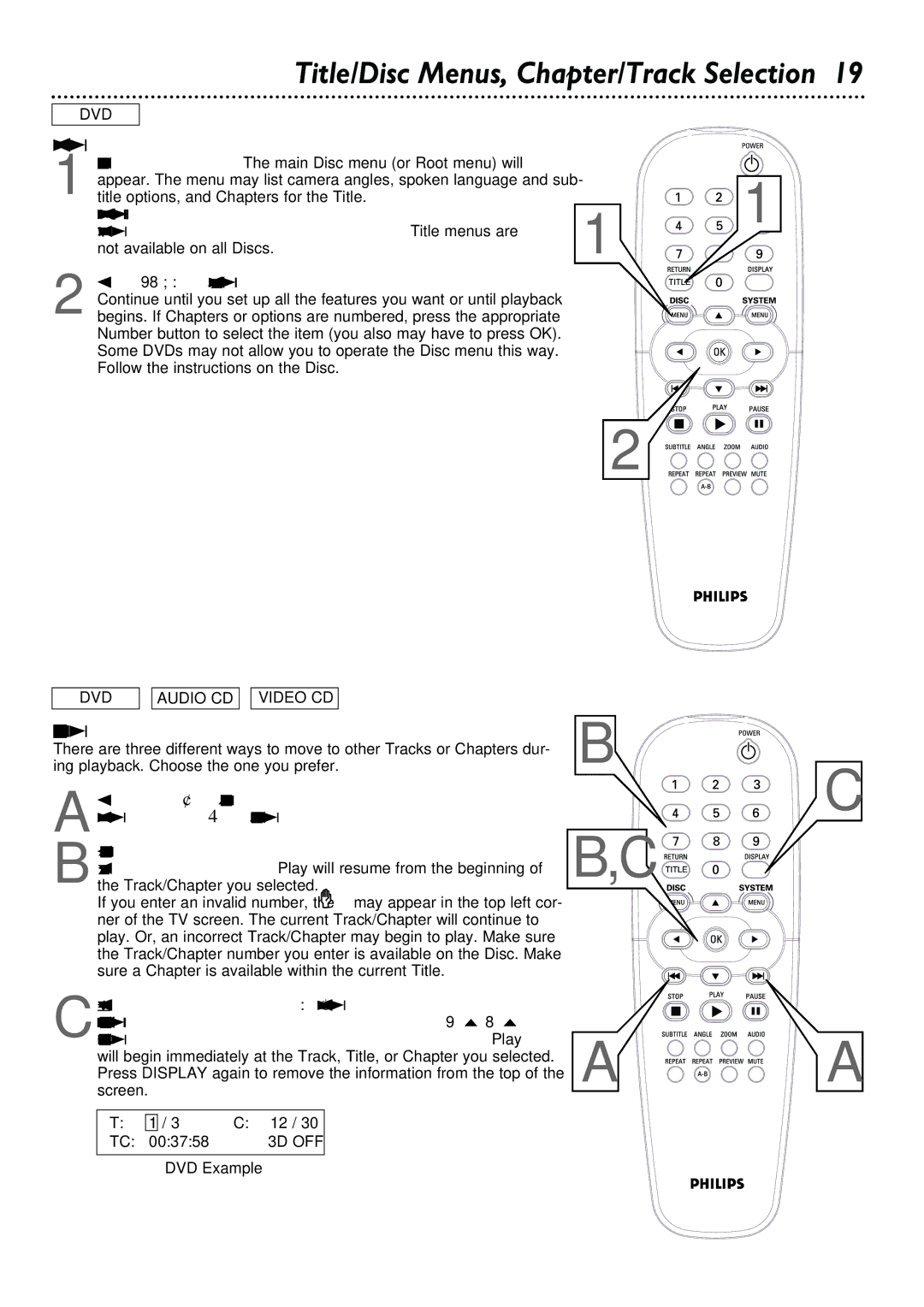 Philips DVD615AT99 Title/Disc menus, Chapter/Track Selection, Press DISPLAY, then press if necessary to select the area 