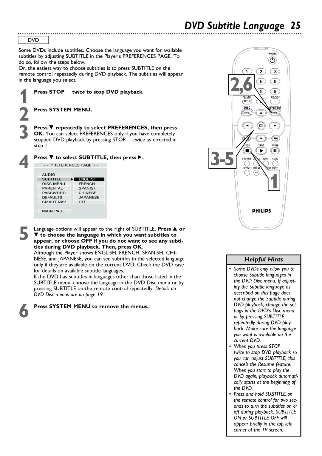 Philips DVD615AT99 owner manual DVD Subtitle Language, Press 9 to select SUBTITLE, then press 