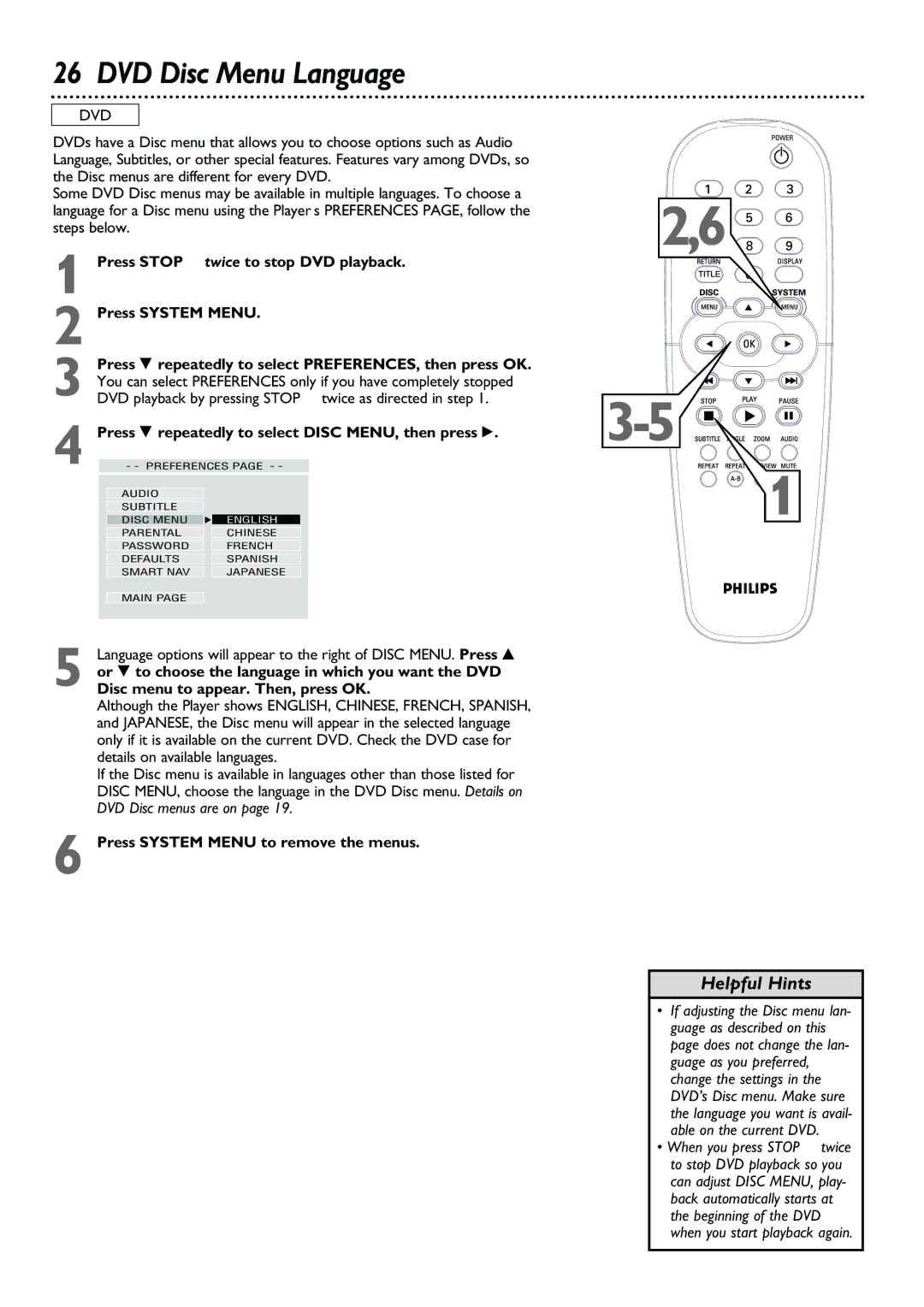 Philips DVD615AT99 owner manual DVD Disc Menu Language, Disc menu to appear. Then, press OK 