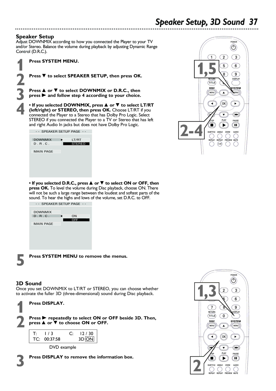 Philips DVD615AT99 owner manual Speaker Setup, 3D Sound, Press Display to remove the information box 