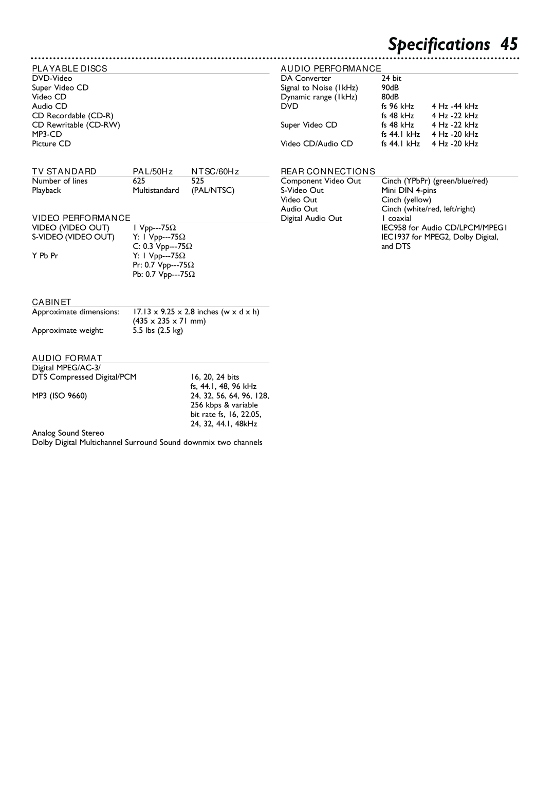 Philips DVD615AT99 owner manual Specifications, Cabinet 