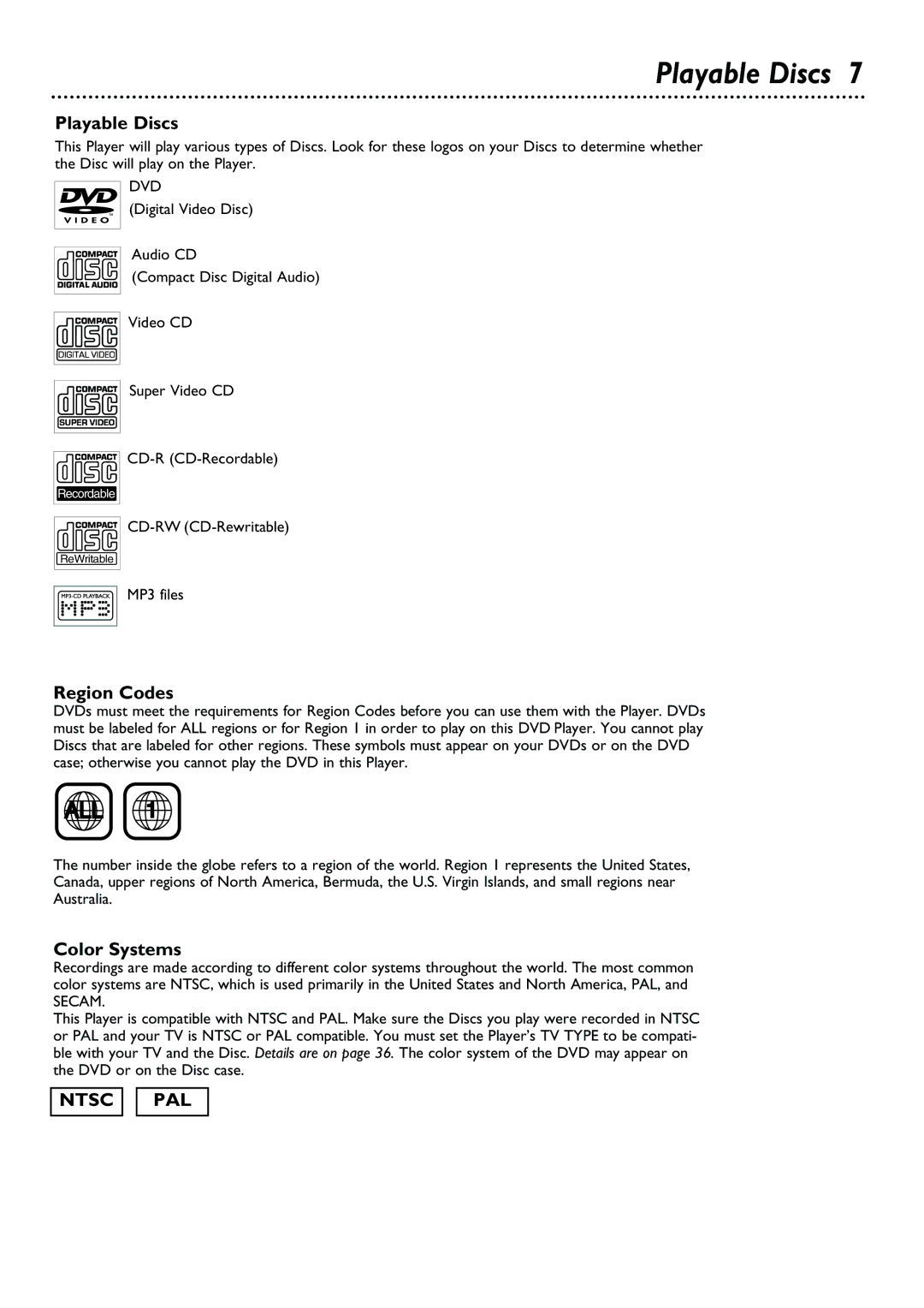 Philips DVD615AT99 owner manual Playable Discs, Region Codes, Color Systems, CD-RW CD-Rewritable MP3 files 