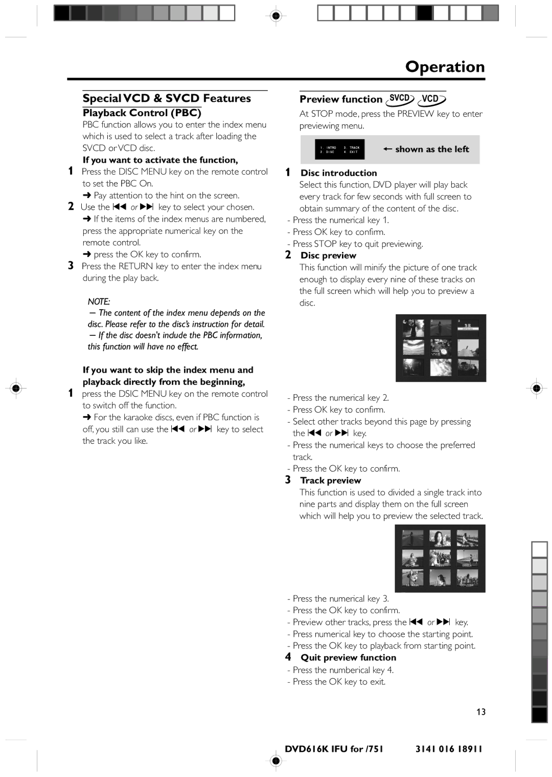 Philips DVD616K manual Special VCD & Svcd Features, Playback Control PBC, Preview function VCD 