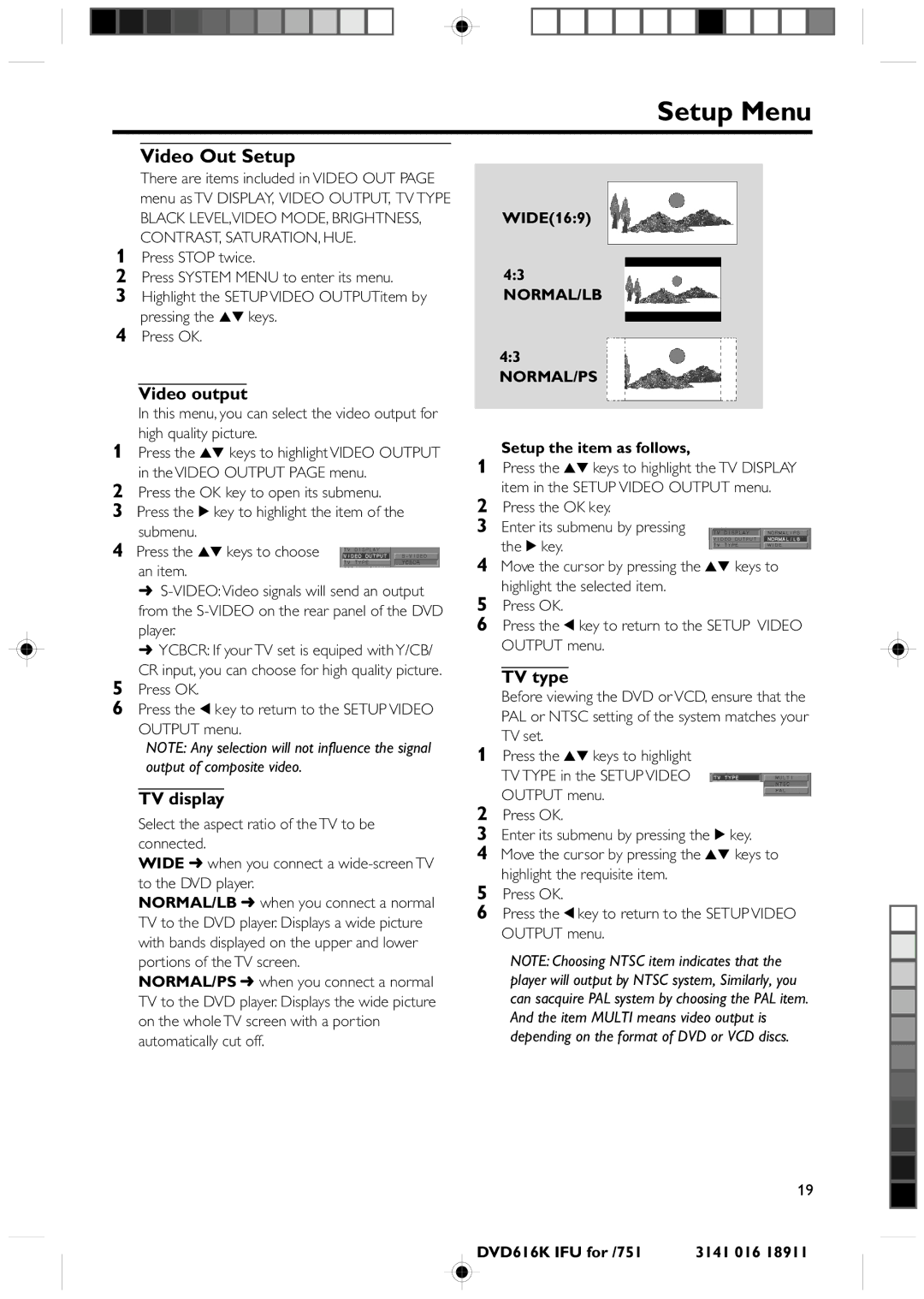 Philips DVD616K manual Video Out Setup, Video output, TV display, TV type, Normal/Lb Normal/Ps 