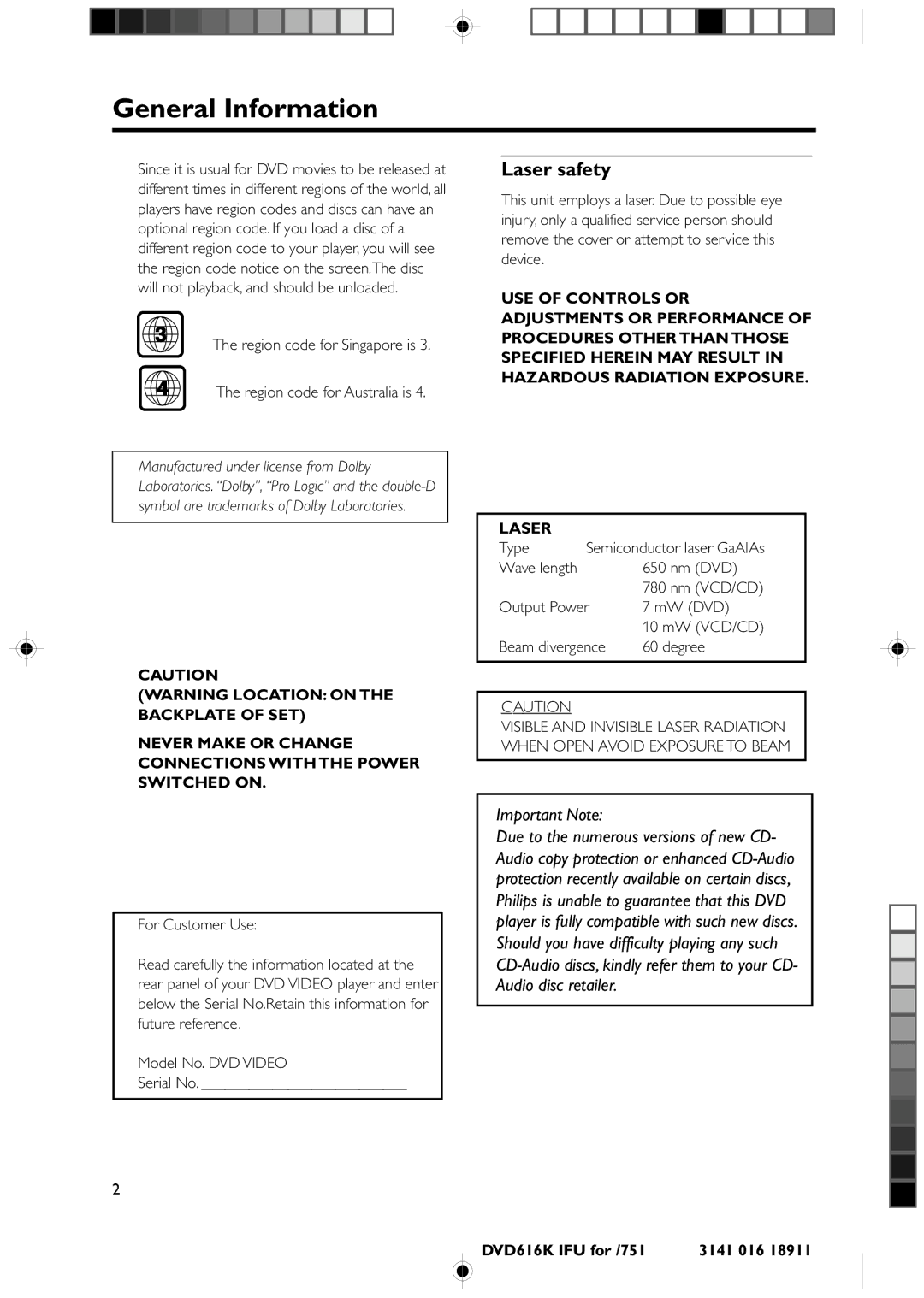 Philips manual General Information, Laser safety, DVD616K IFU for /751 3141 016 