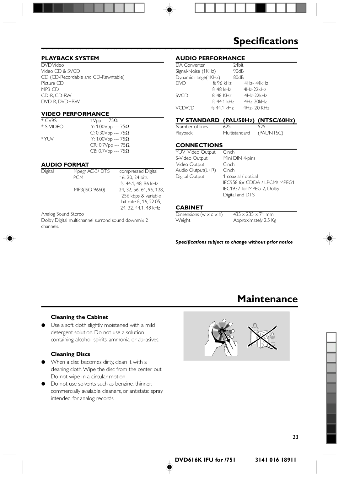 Philips DVD616K manual Specifications, Maintenance 