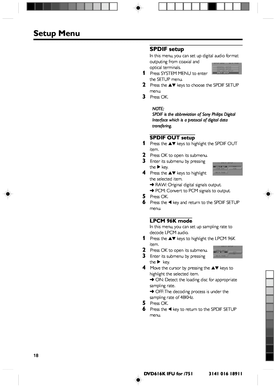 Philips DVD616K manual Setup Menu, SPDIF setup, SPDIF OUT setup, LPCM 96K mode 