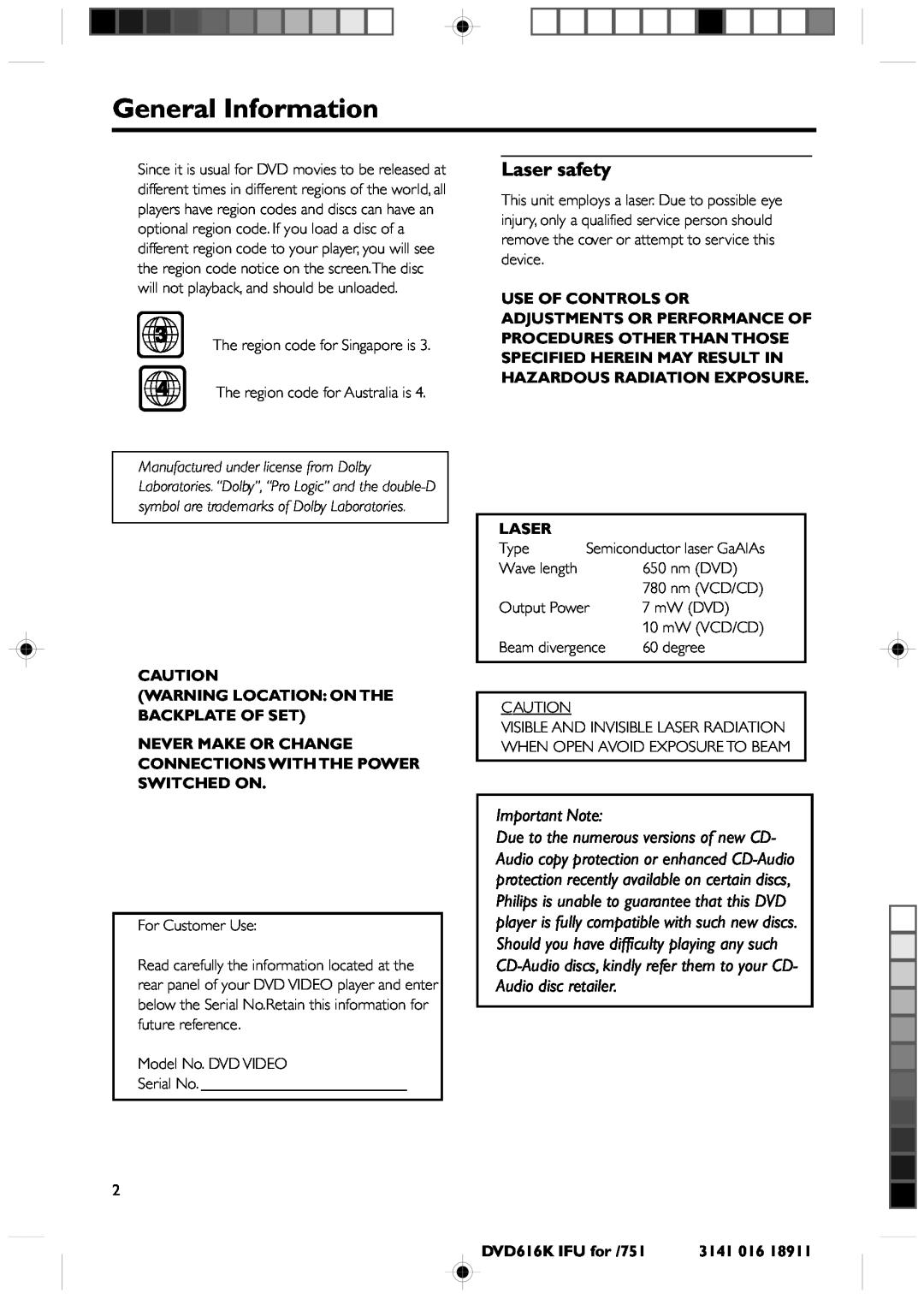 Philips DVD616K manual General Information, Laser safety, Important Note 
