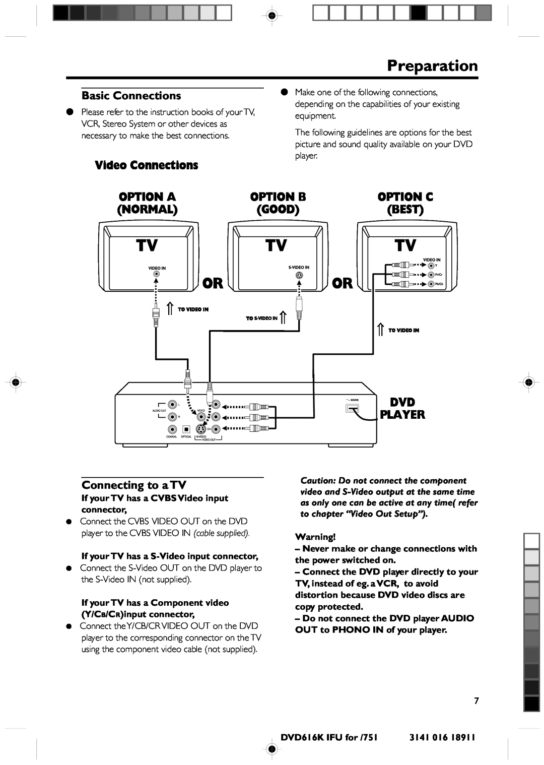 Philips DVD616K manual Preparation, Basic Connections, Connecting to a TV 