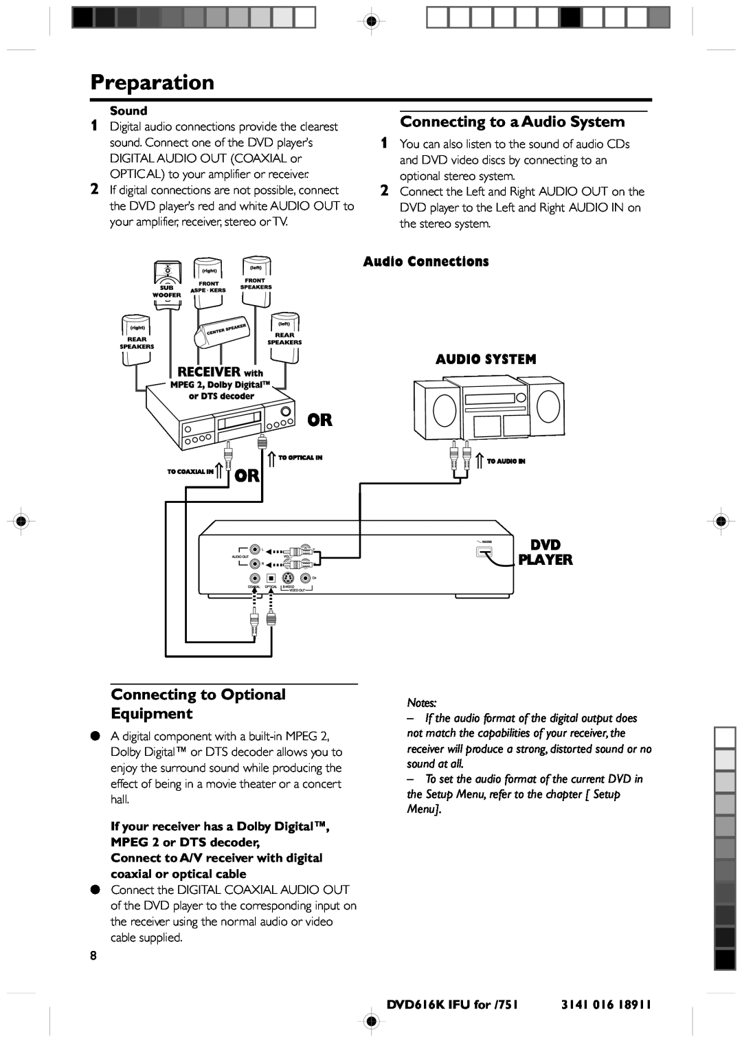 Philips DVD616K manual Preparation, Connecting to Optional Equipment, Connecting to a Audio System 