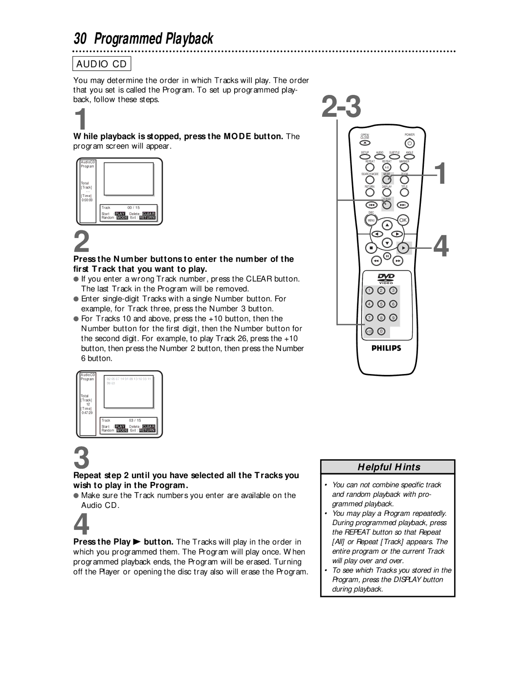 Philips DVD621 owner manual Programmed Playback, Total Track Time 04729 Start 