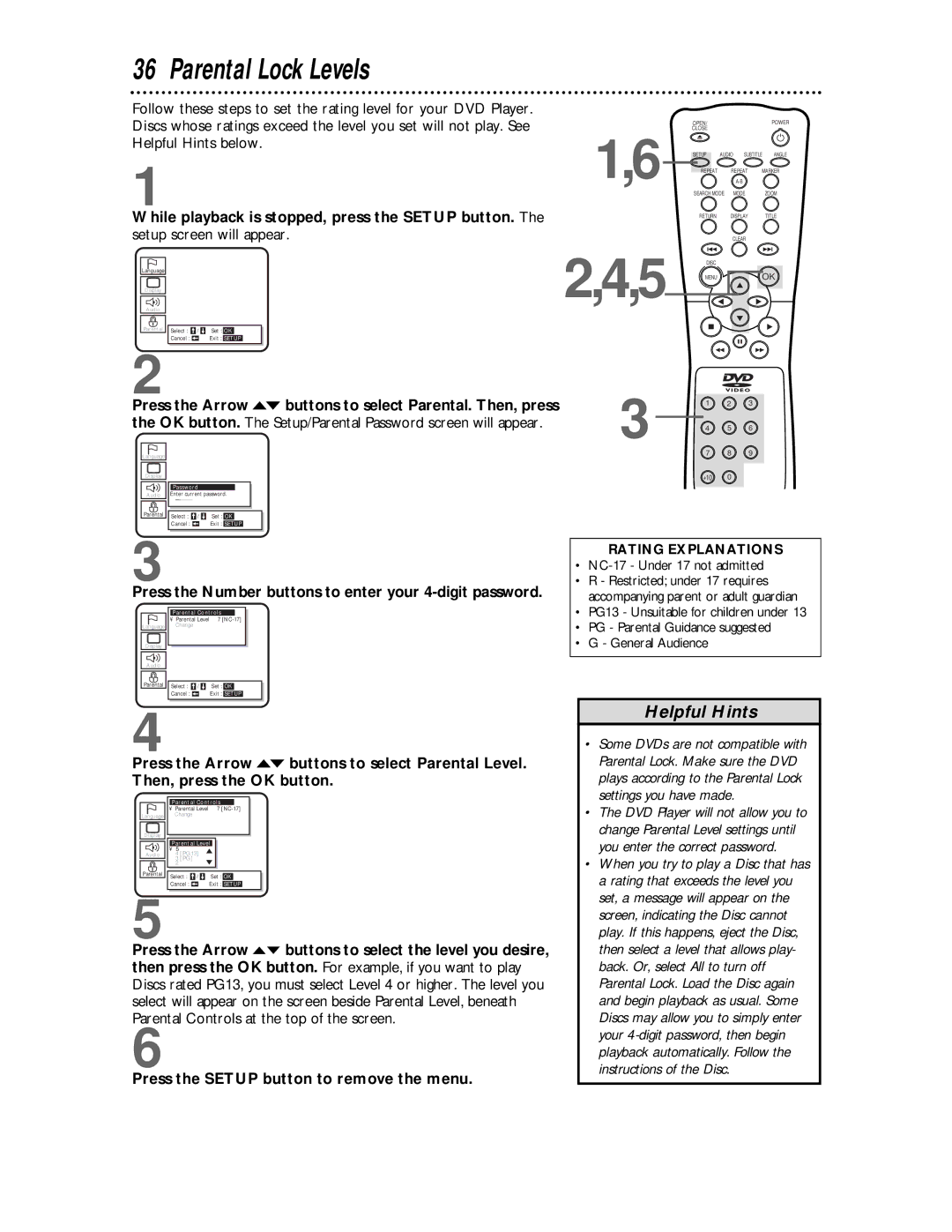 Philips DVD621 Parental Lock Levels, Helpful Hints below.1,6, Press the Arrow op buttons to select Parental. Then, press 
